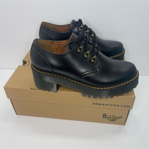 Dr. MARTENS Leona Lo Size 9 Vintage Smooth Leather Lug Sole Heeled Shoe, Black - Picture 7 of 13